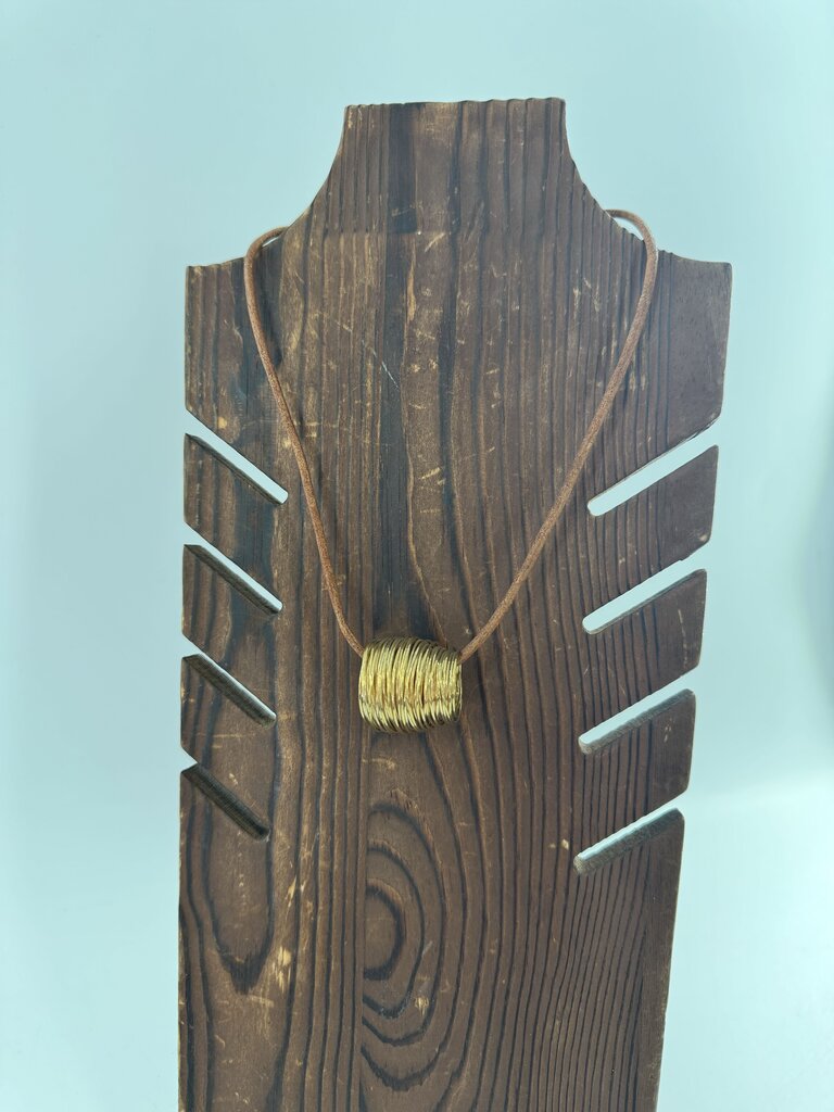 8" brown cord necklace w/ gold wire pendant