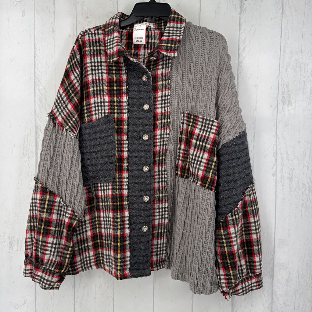 L l/s mixed media button shirt