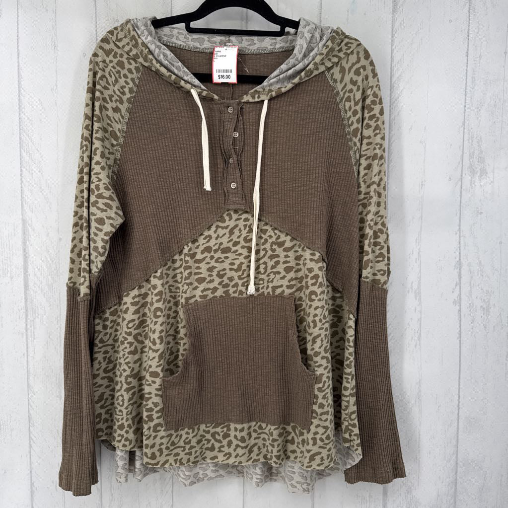 L l/s animal print/ribbed top w/ hood