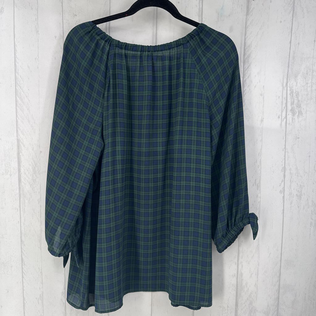 Plaid 3/4 Tie Cuff Blouse