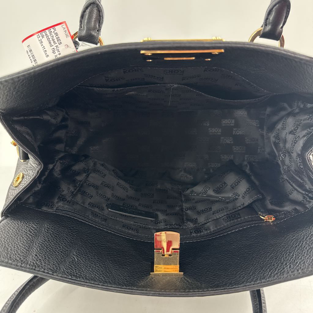 pebbled flip lock gold toned satchel