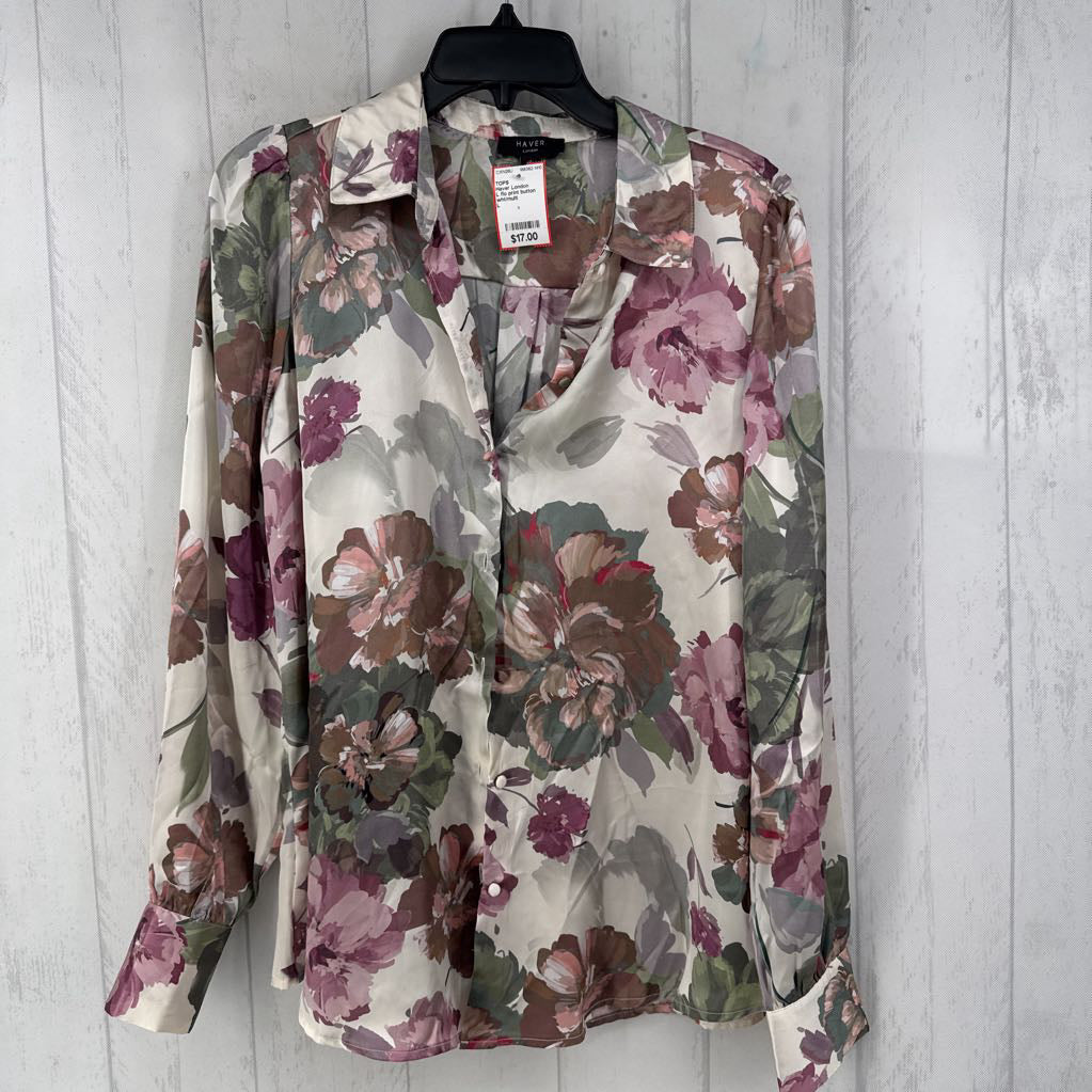 L flo print button down l/s top
