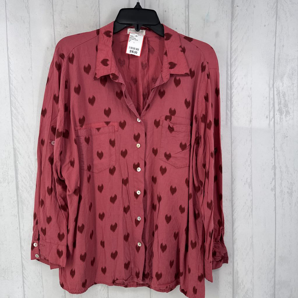 1X heart print button down l/s top