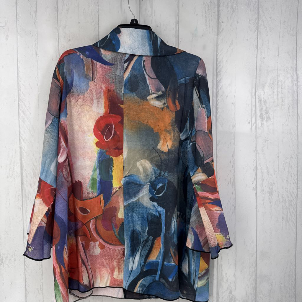 L printed button front flare slv top