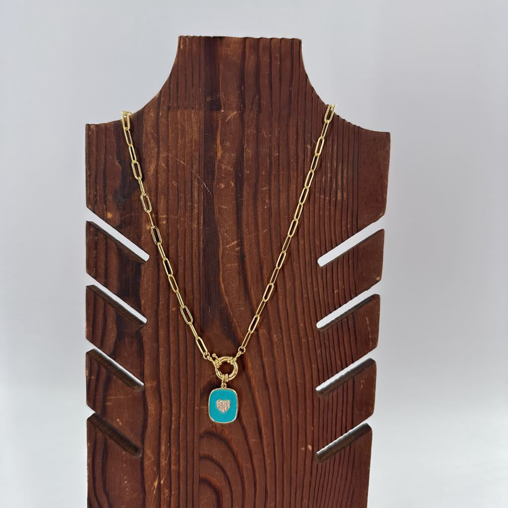 10" gold tone paperclip necklace w/ turq heart pendant