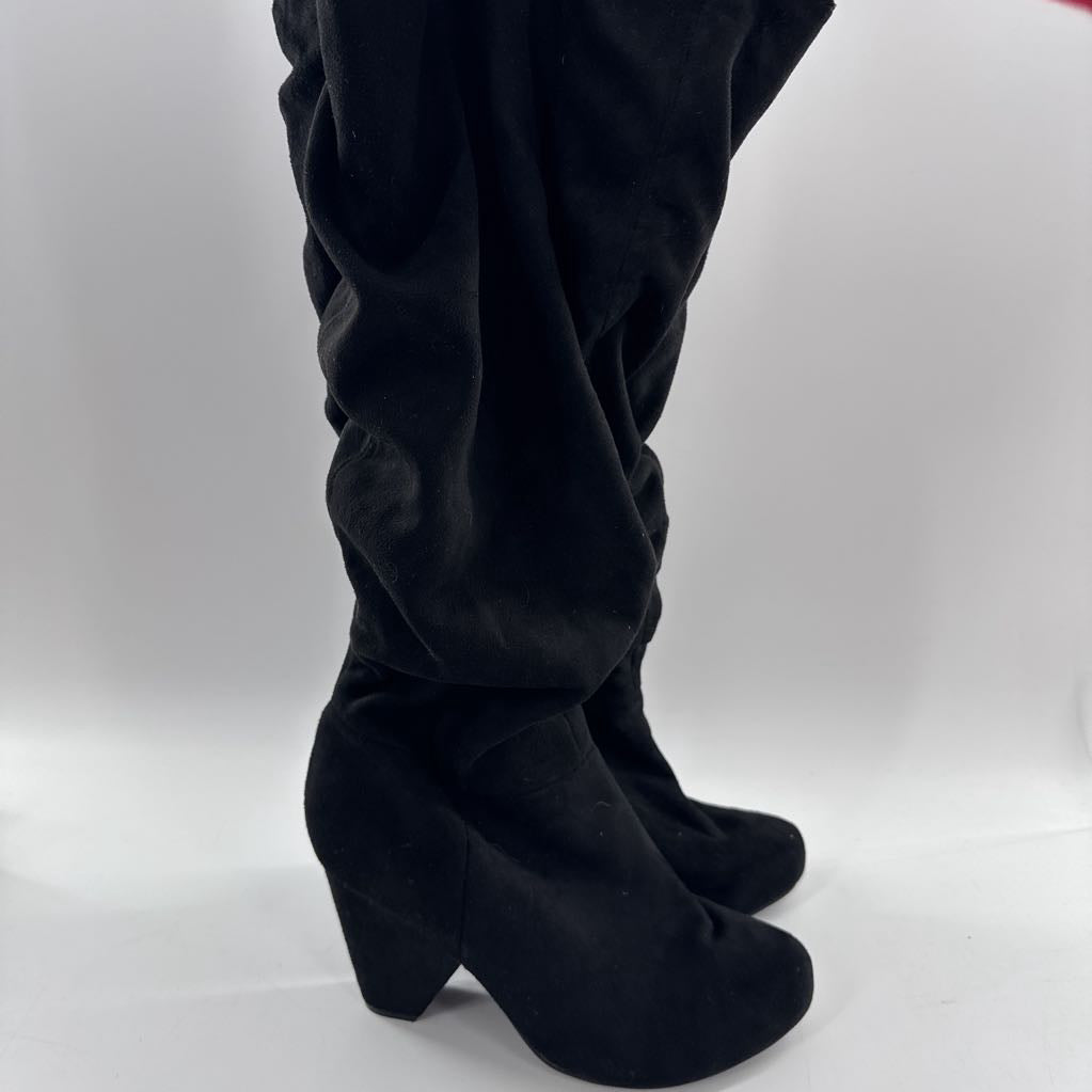 7.5 block heel tall ruched boots