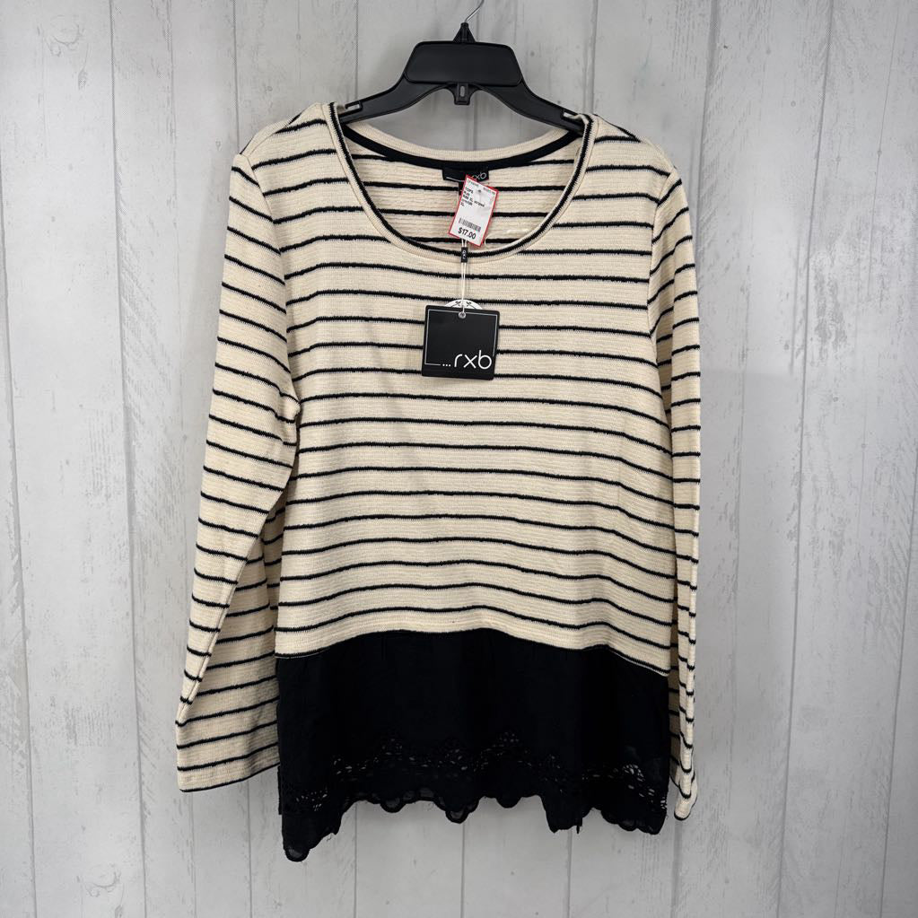 R68 XL striped ruffle hem l/s top