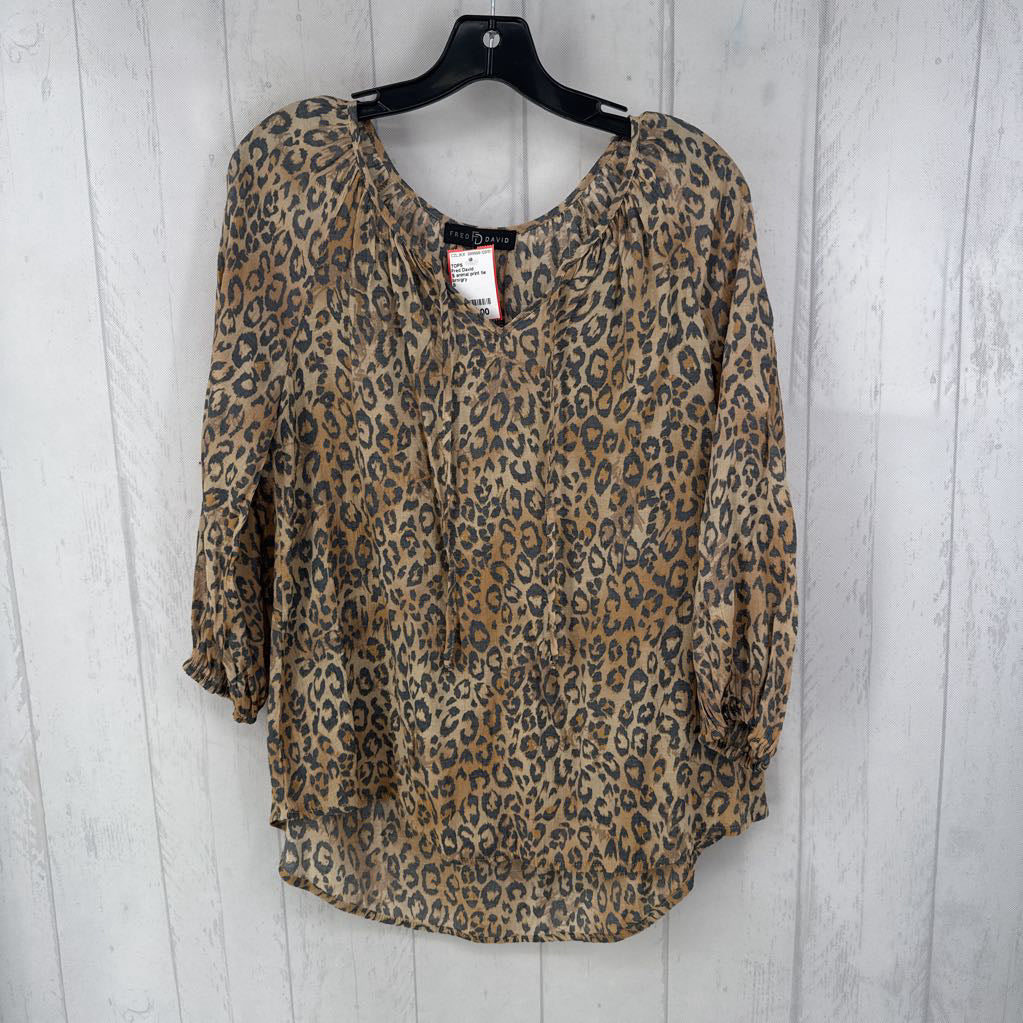 S animal print tie front 3/4 slv top