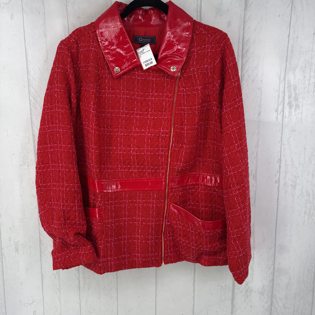 1x l/s patent tweed asymmetrical zip blazer