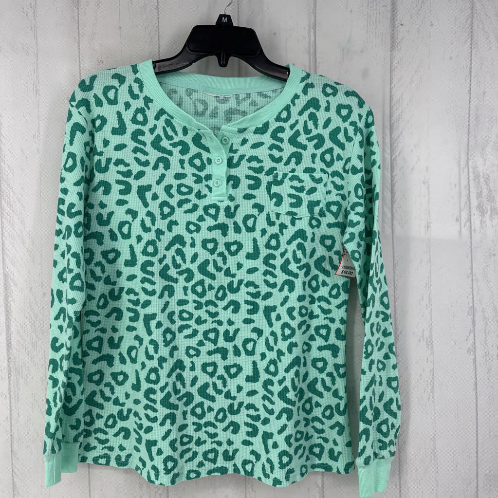 L waffle knit animal print quarter button down l/s top