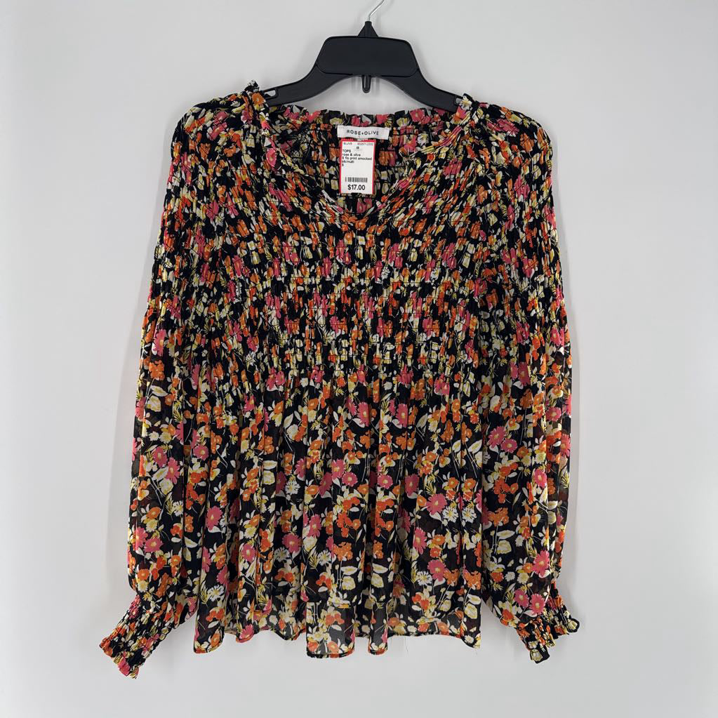 S flo print smocked l/s top