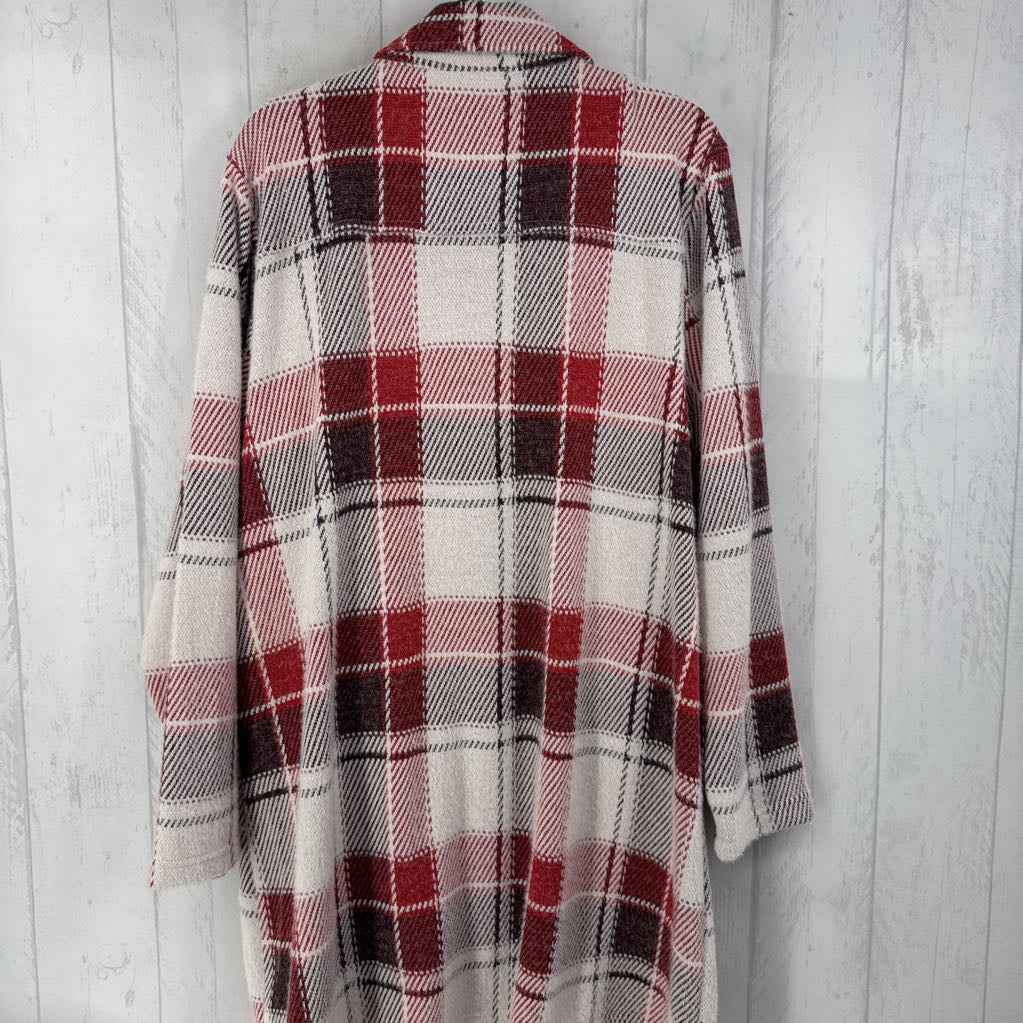 XXL l/s plaid button long button cardigan w/ collar