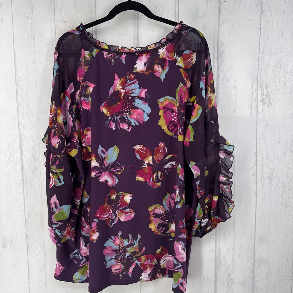 22/24w flo print v-neck 3/4 slv top