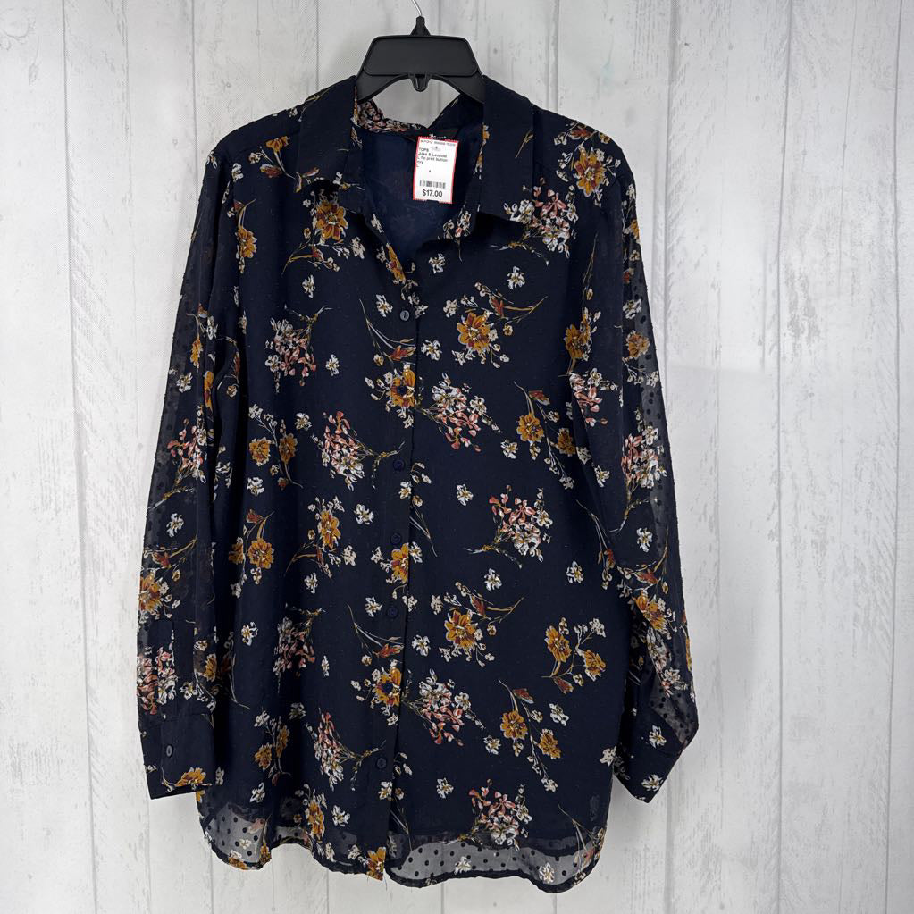 L flo print button down l/s top