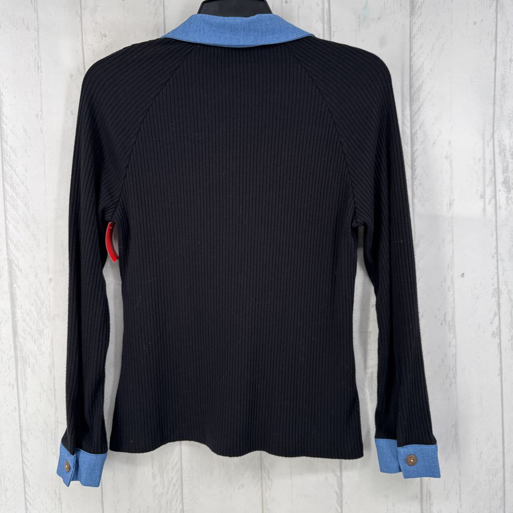 S ribbed button front l/s top w/collar