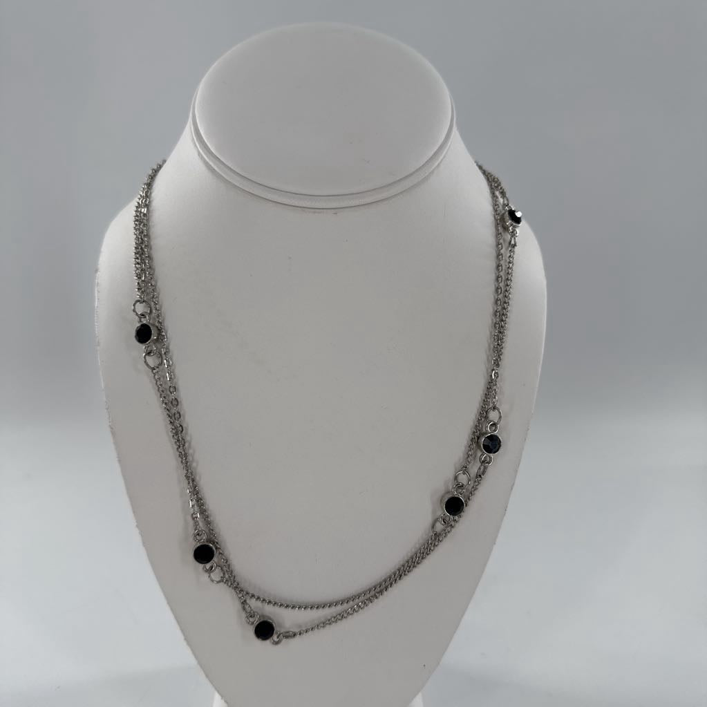 21" silver tone w/ black stones layering necklace