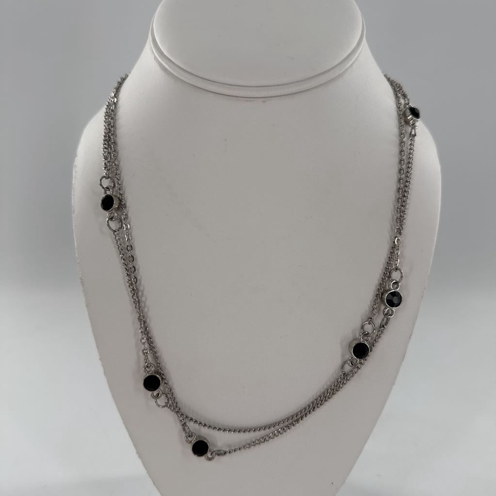21" silver tone w/ black stones layering necklace