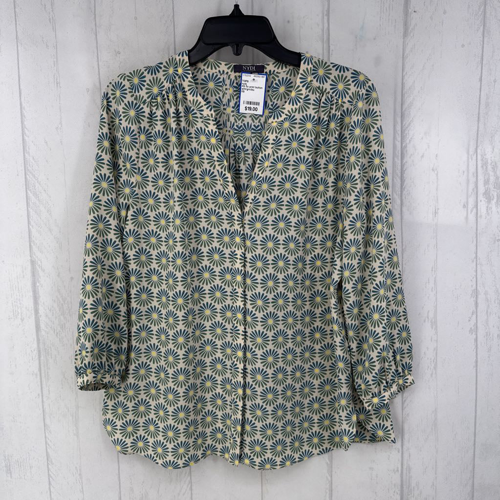 XS flo print button down 3/4 slv top