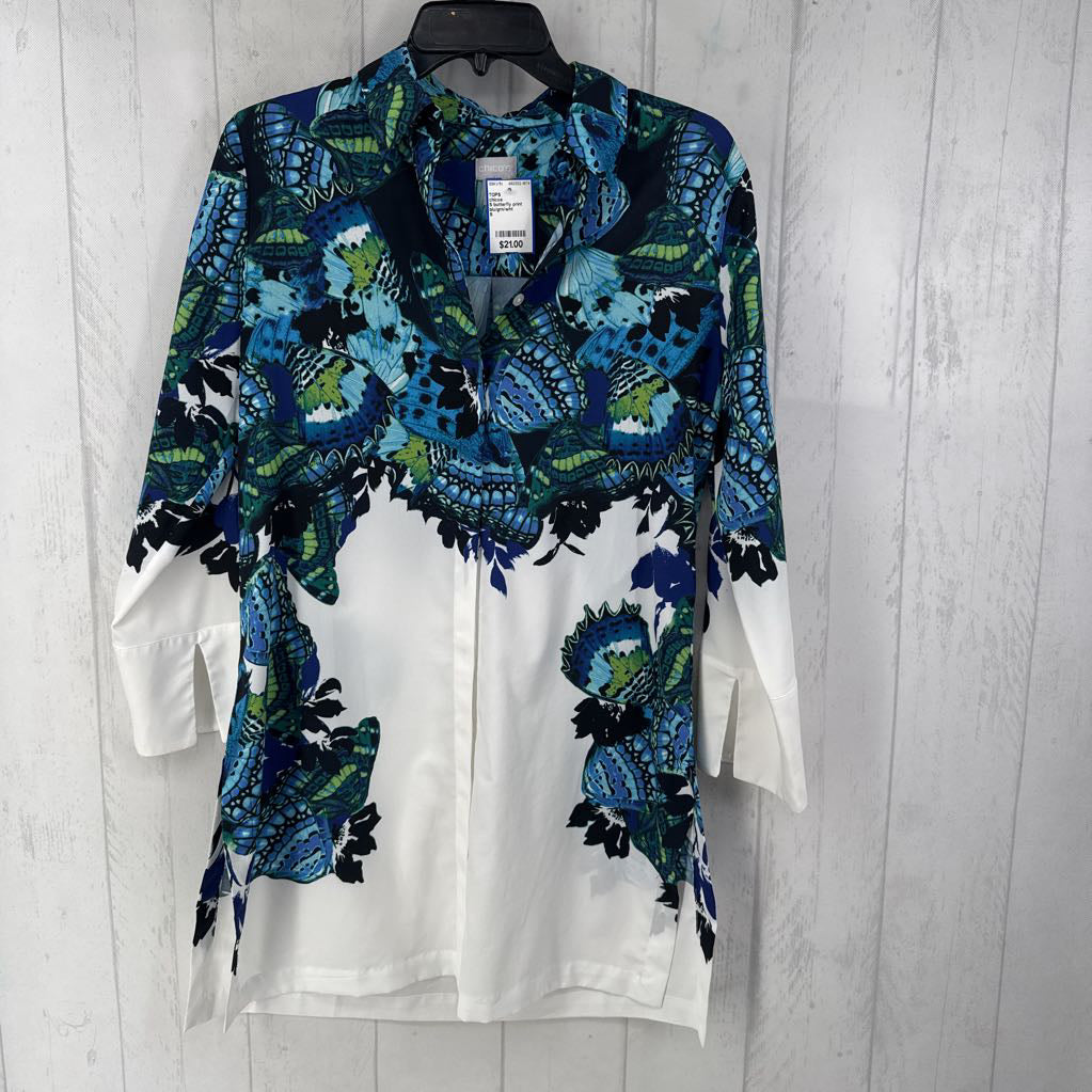 S butterfly print button down 3/4 slv top