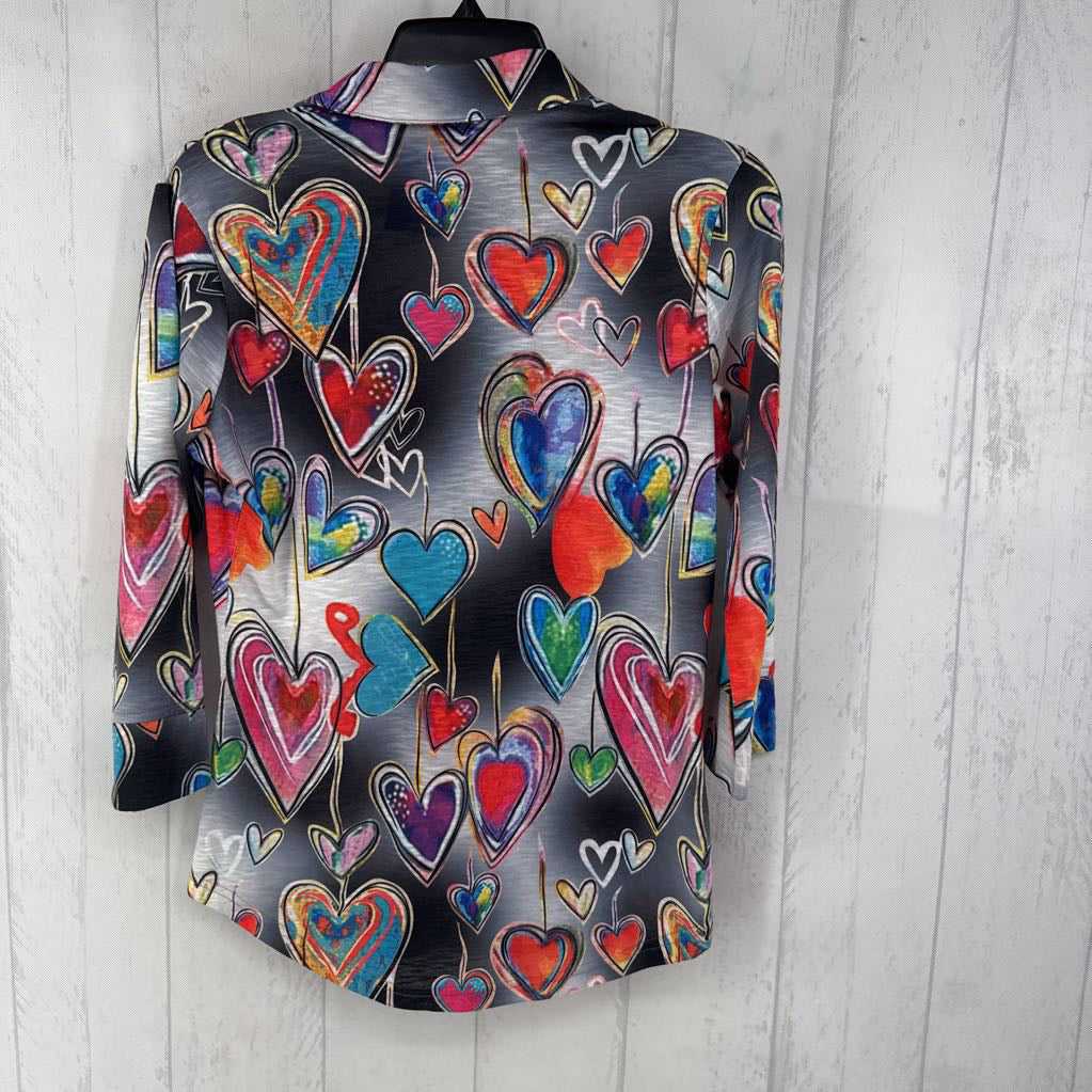 XS heart print button down 3/4 slv top
