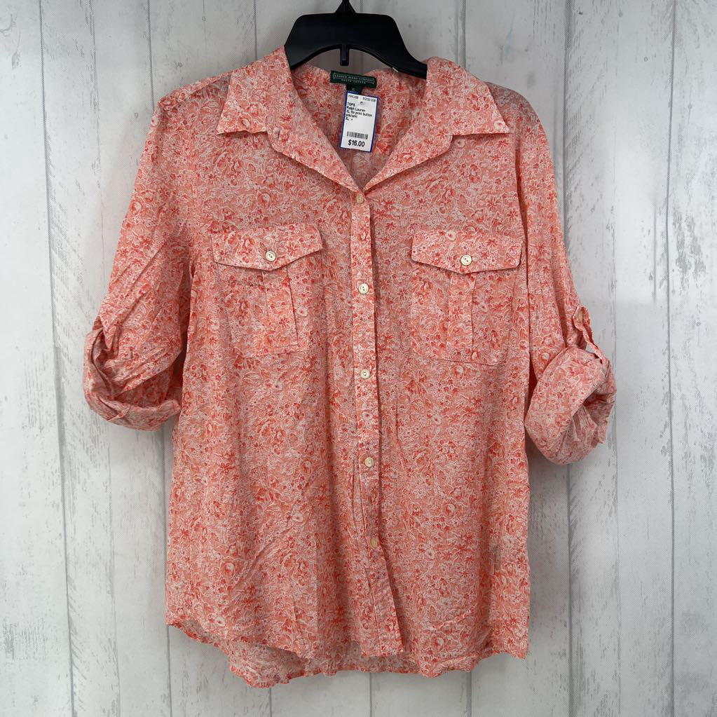 XL flo print button down tab slv top