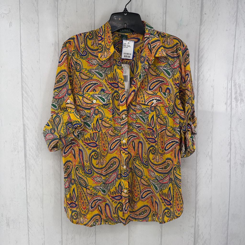 RR89 L paisley print button down tab slv top