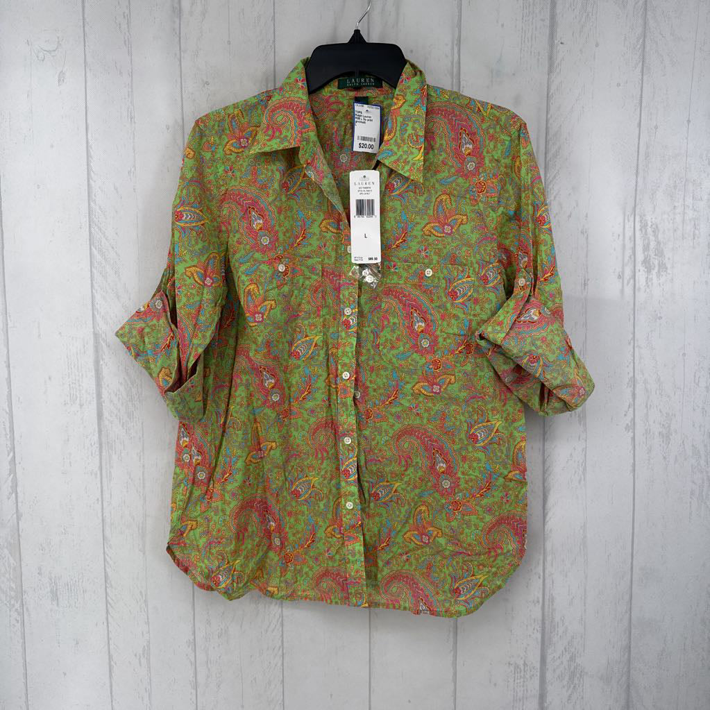 R89 L flo print button down tab slv top