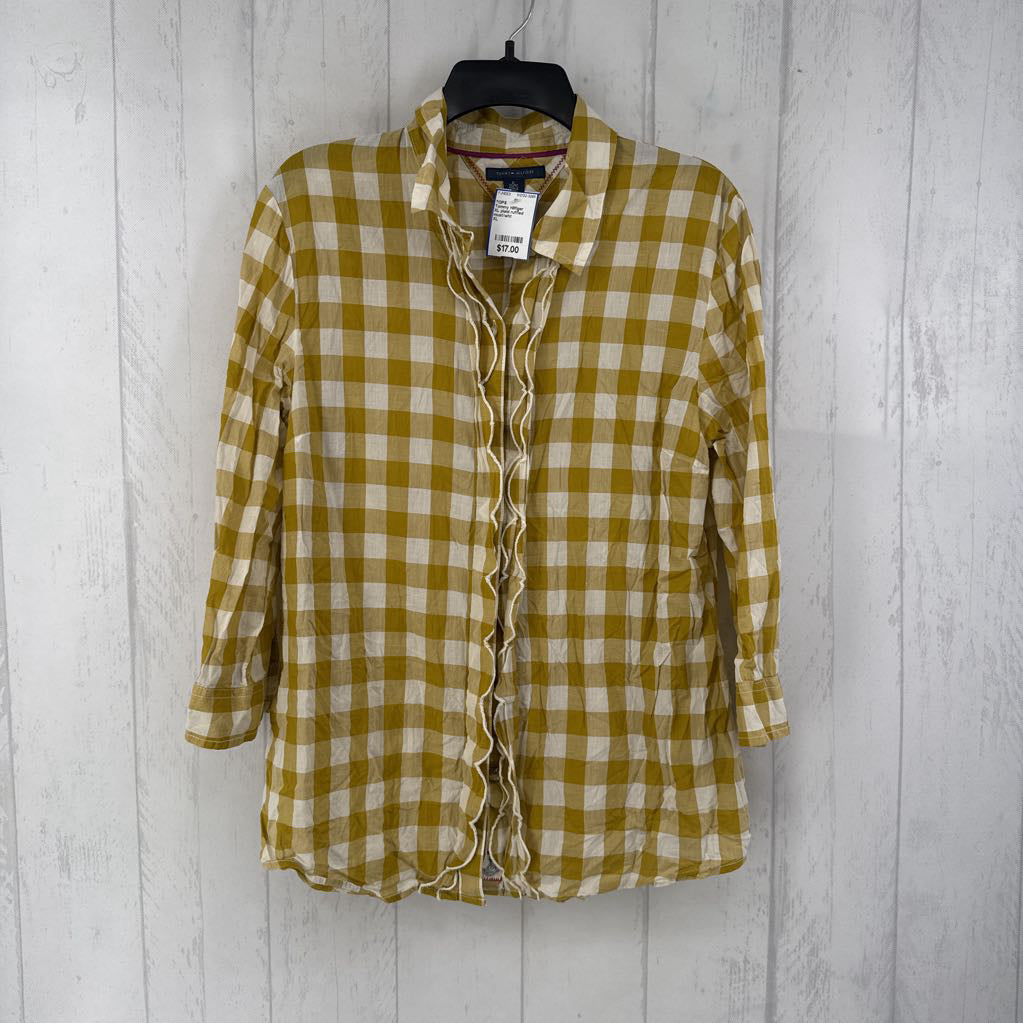 XL plaid ruffled button down l/s top