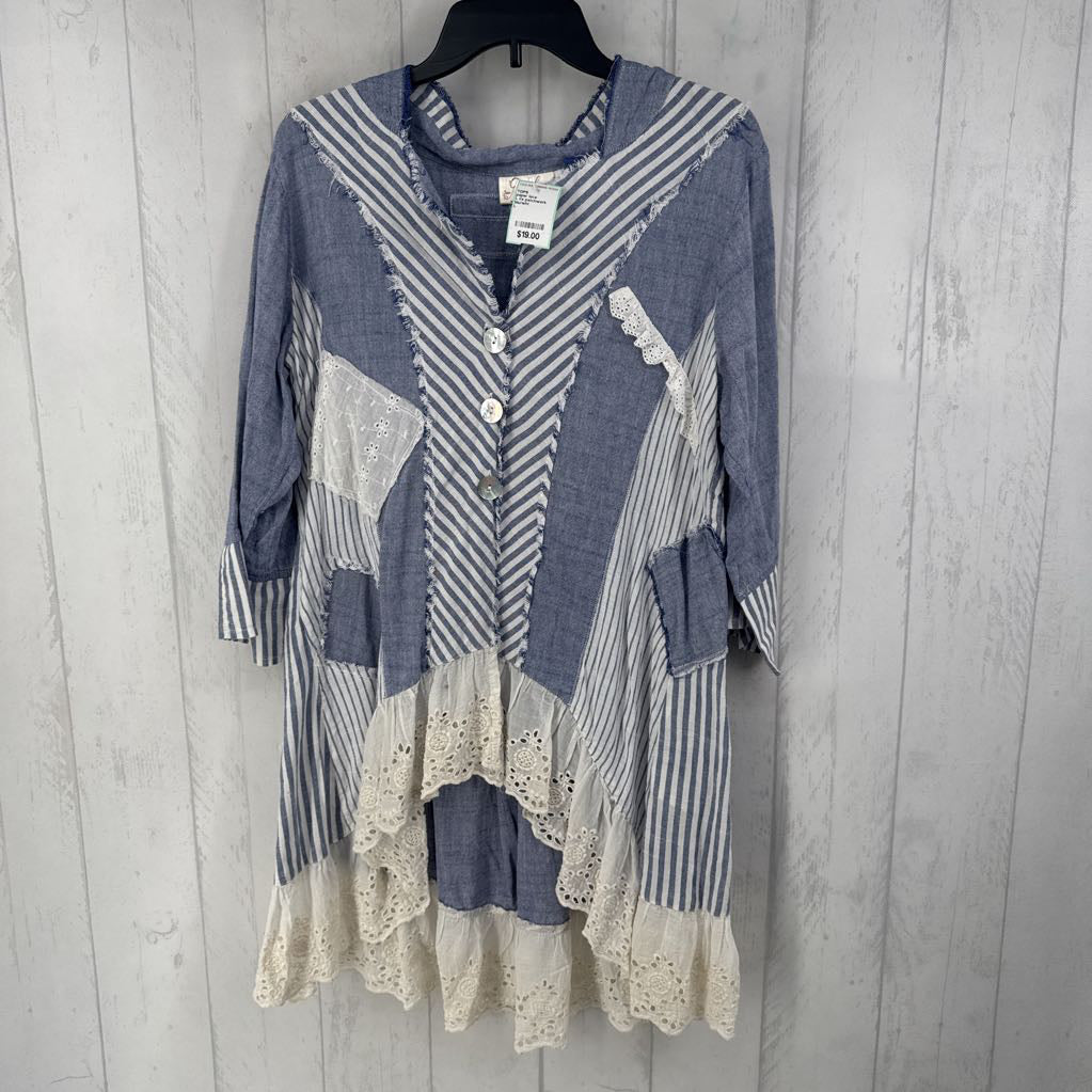 L l/s patchwork button eyelet lace hem tunic