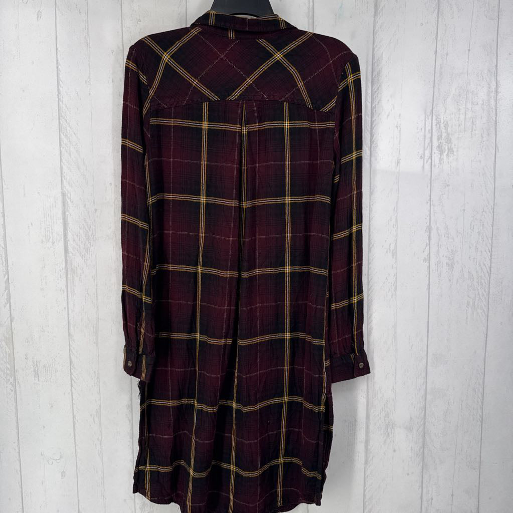 M plaid button front l/s dress
