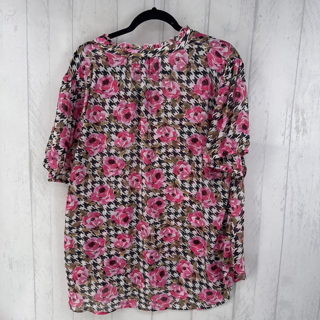 2x chiffon puff s/s sheer flower print top