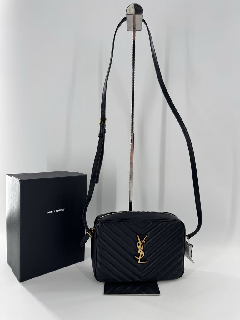 quilted leather camera bag w/ gold-tone hardware