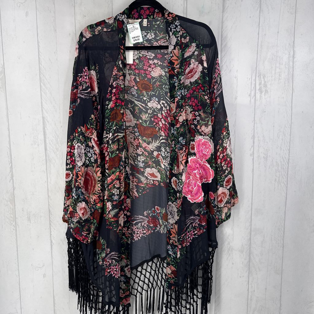 2x l/s fringe floral print kimono