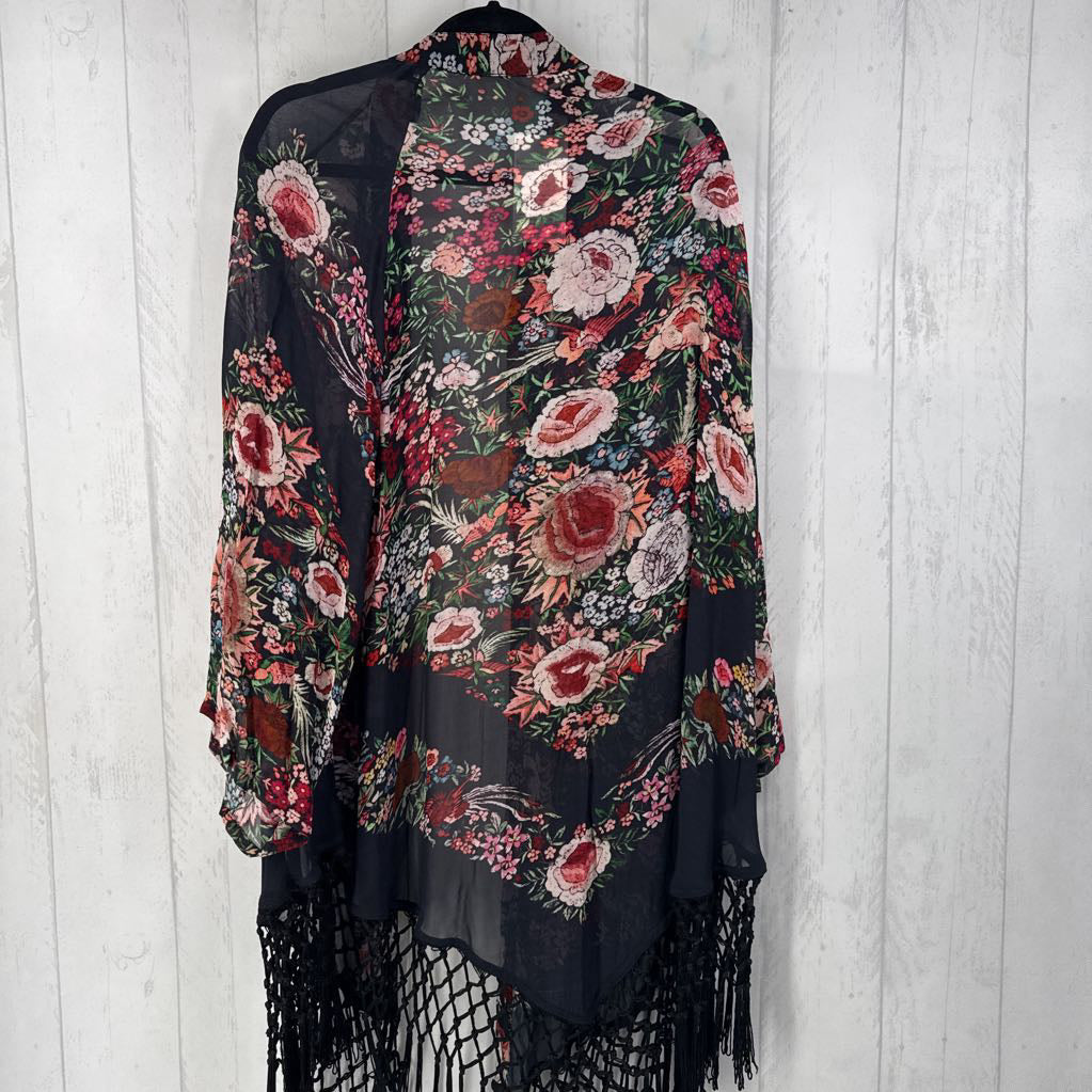 2x l/s fringe floral print kimono