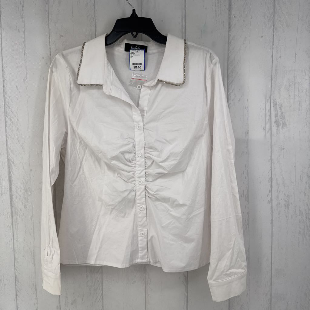 XL rhinestone ruched button down l/s top
