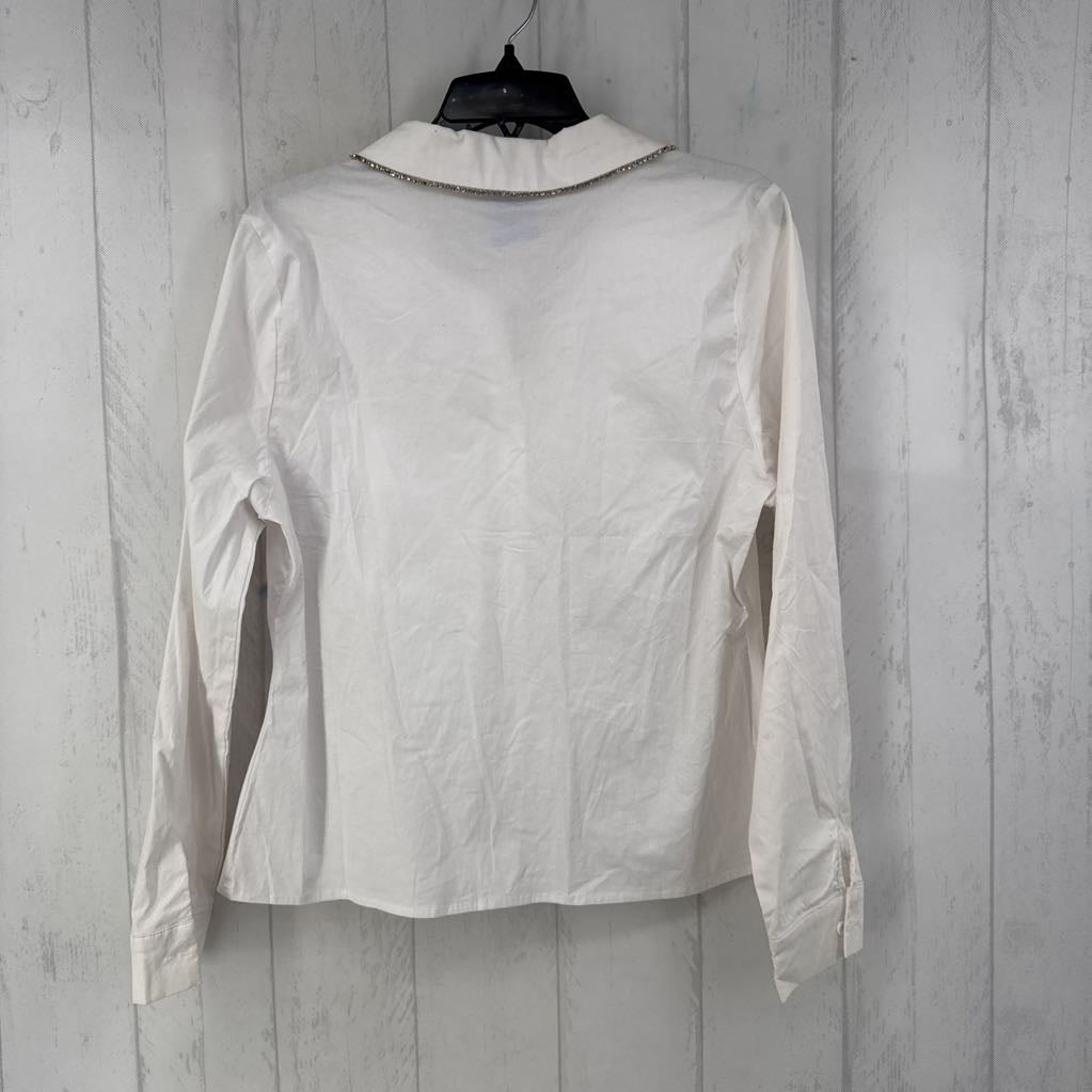 XL rhinestone ruched button down l/s top