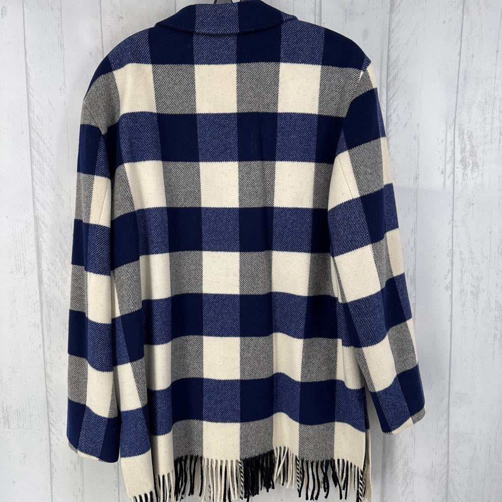 M plaid wool fringe coat