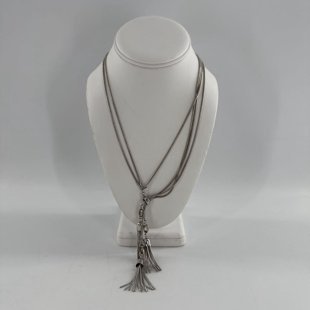 14" silver tone cz tassel necklace