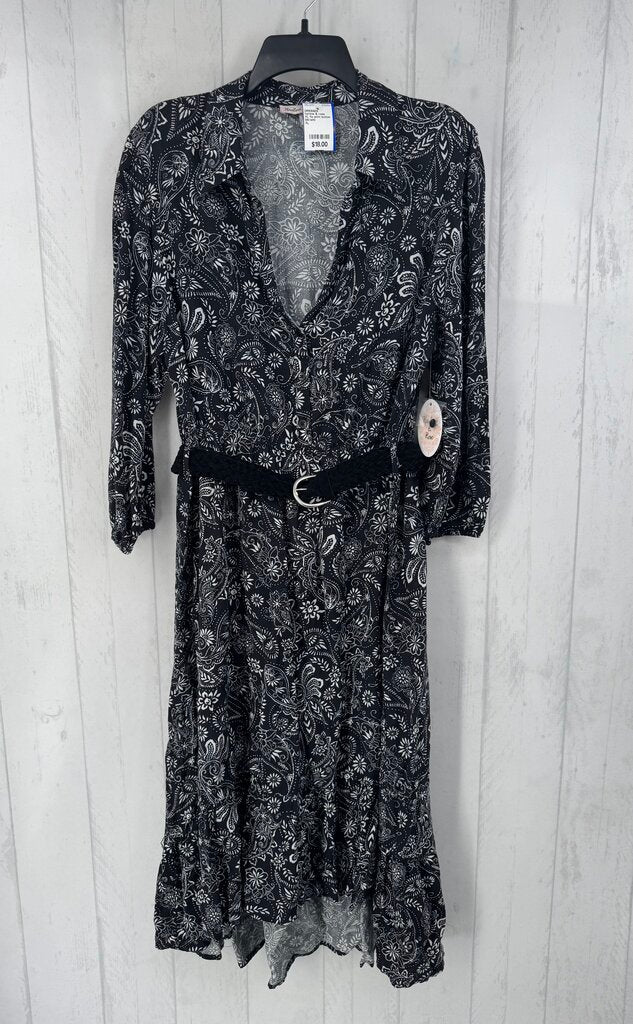 XL flo print button front l/s dress