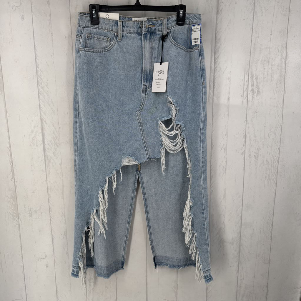 L hi-rise distressed jean skirt