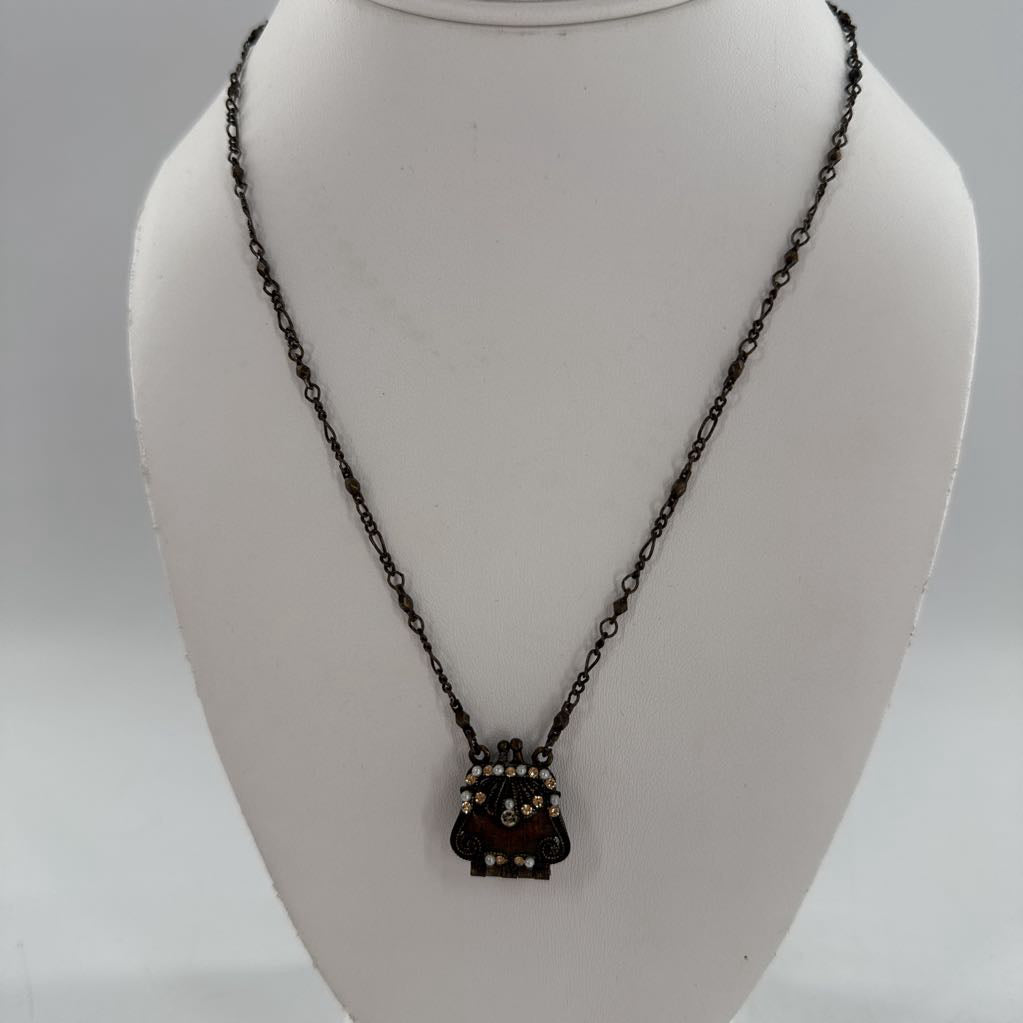 9" vintage bronze purse pendant necklace