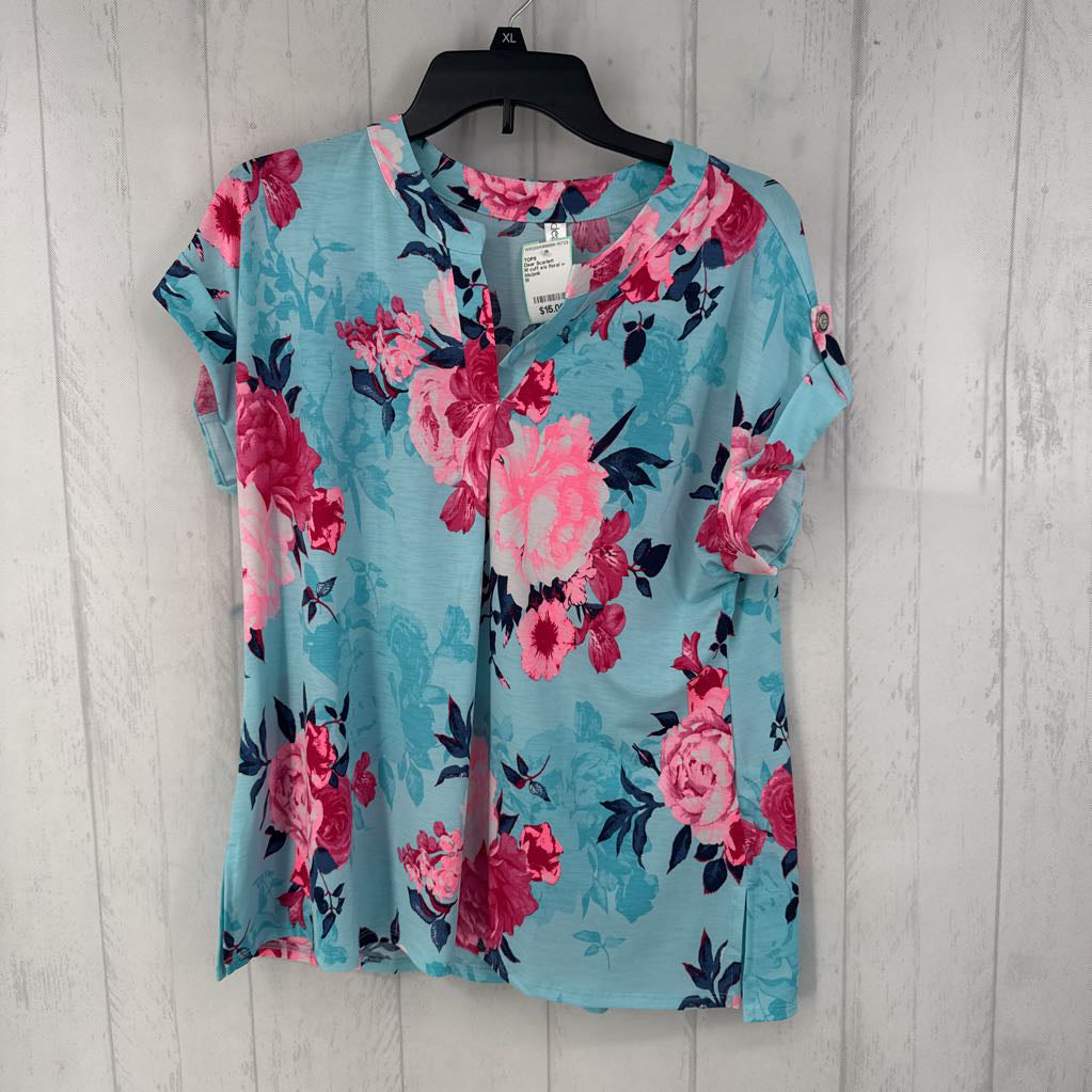 M cuff s/s floral v-neck top