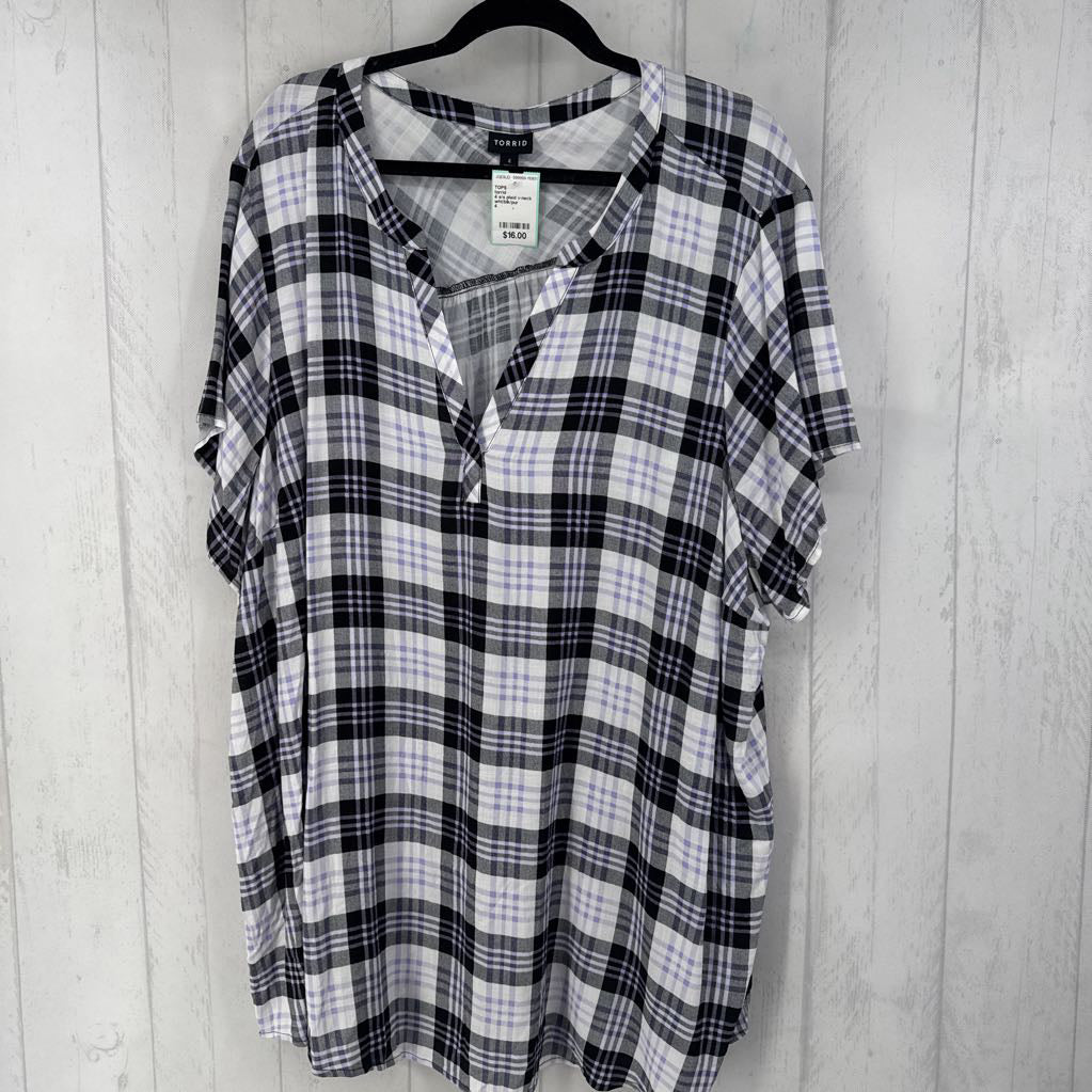 4 s/s plaid v-neck hi-low top
