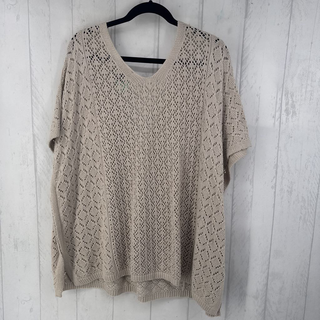 3 s/s open-knit crochet v-neck sweater