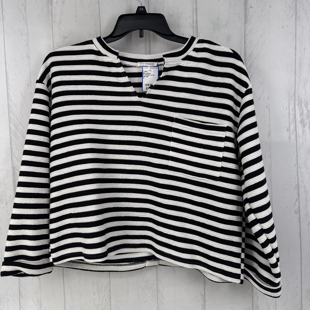 S striped notch neck 3/4 slv top