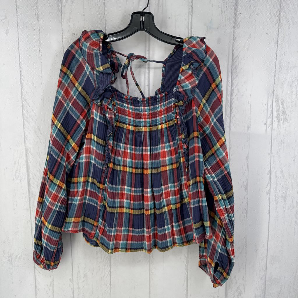 L plaid smocked l/s top