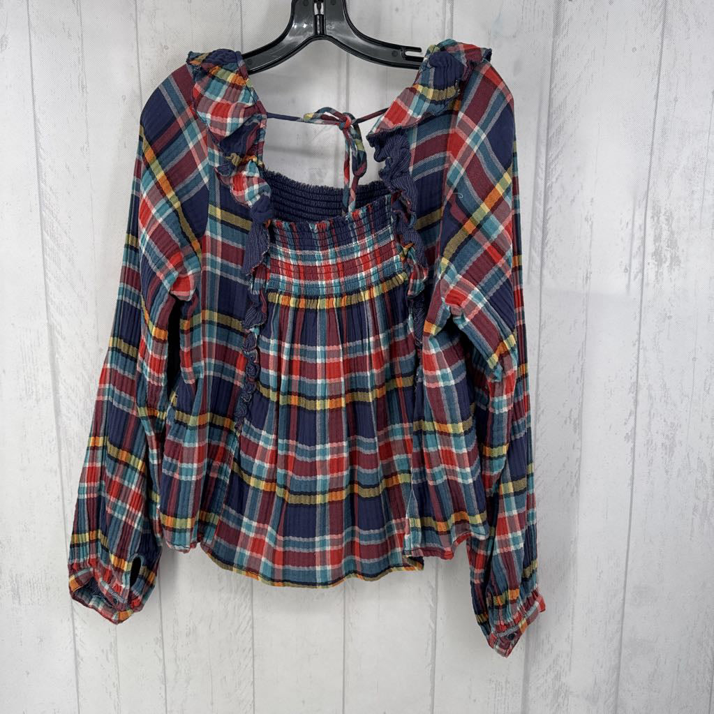 L plaid smocked l/s top