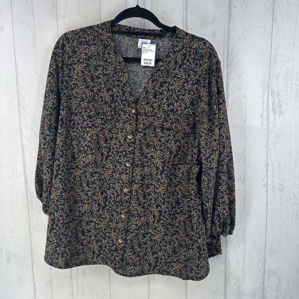 2X flo print button down 3/4 slv top