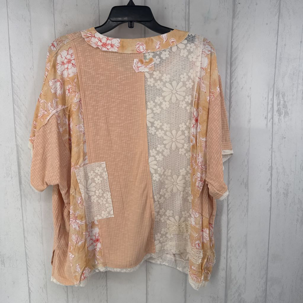 L mixed media patchwork s/s top