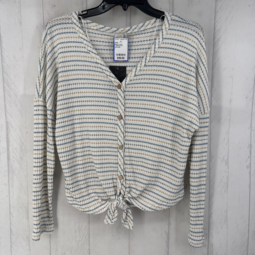 L waffle knit striped button front l/s top